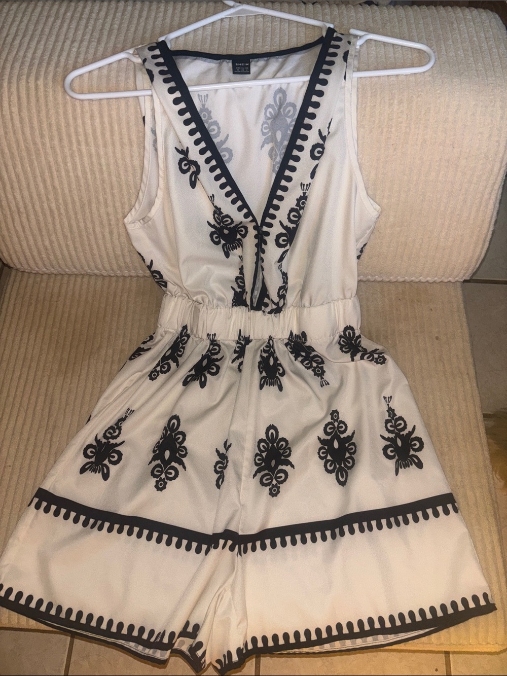 SHEIN White Romper with Black Embroidered Trim